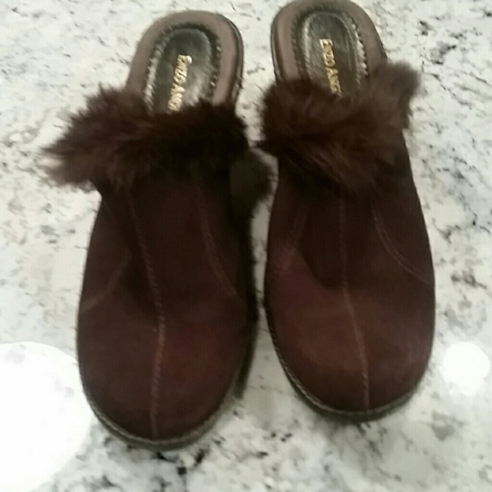 Enzo Angiolini Brown Suede Fur Trimmed Clogs EUC - Picture 2 of 8